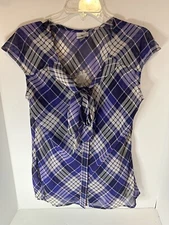 Womens blouse Worthington size L with tank semi sheer purple plaid L button down