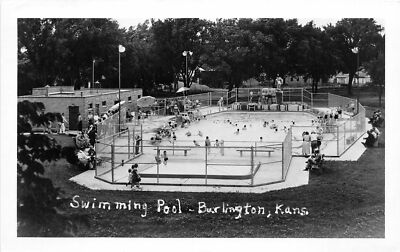 H9/ Burlington Kansas RPPC Postcard c50s Swimming Pool Crowd