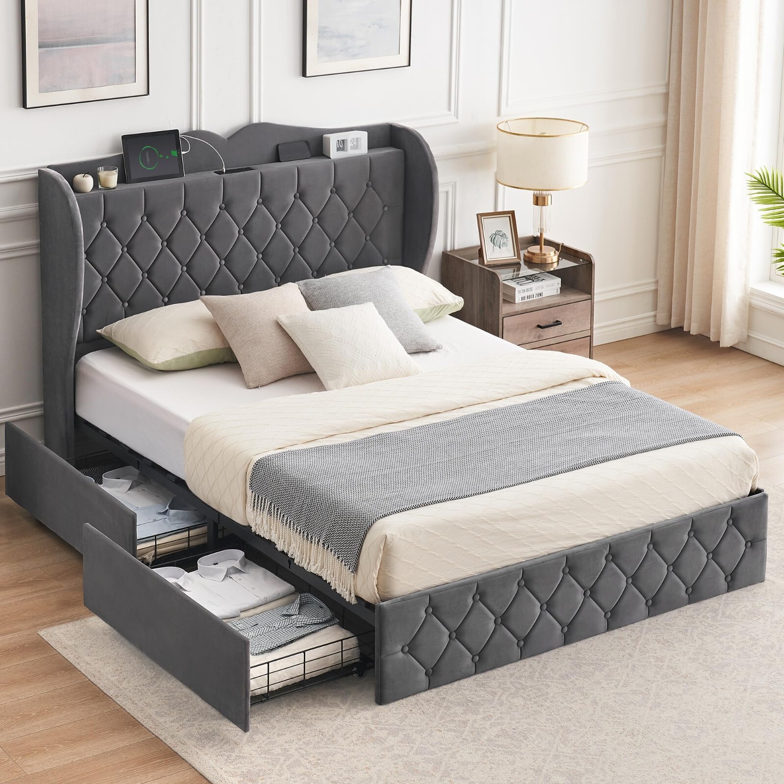 Queen Size Bed Frame with 4 Storage Drawer Velvet Wingback Upholstered Headboard