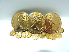 Vintage Elizabeth II Gold Tone COIN Dangle Metal Barrette Hair Clip 1981