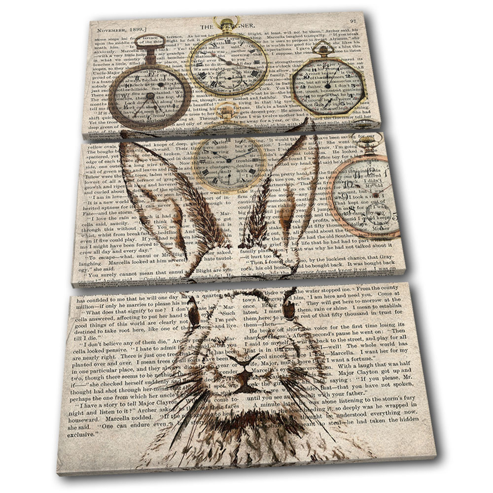 Rabbit Hare Shabby Clocks Old Animals TREBLE CANVAS WALL ART Picture Print