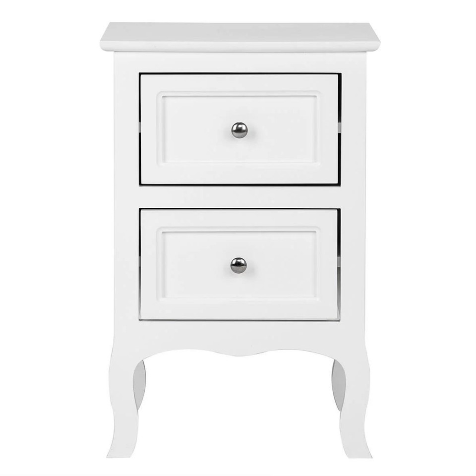 White Wooden Nightstand End Table With 2 Drawer White Finish Bedroom