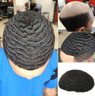 10MM Mens Wave Man Toupee Hair Unit Hairpiece Black Curly Human Hair Replacement