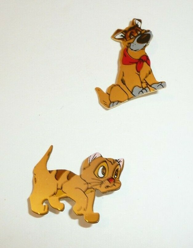 Vtg Disney's Oliver and Company Lot of 2 Pins Dodger Dog Cat 1988