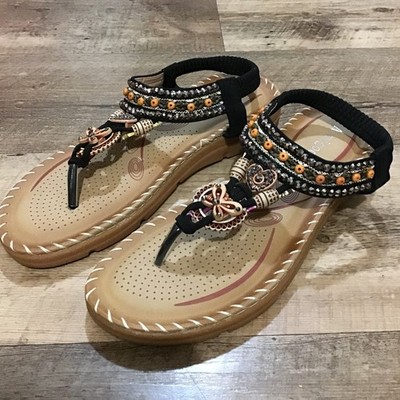 Aomigoct Women's Size 39 US 8.5 Bohemian Black Leather Beaded Sandals