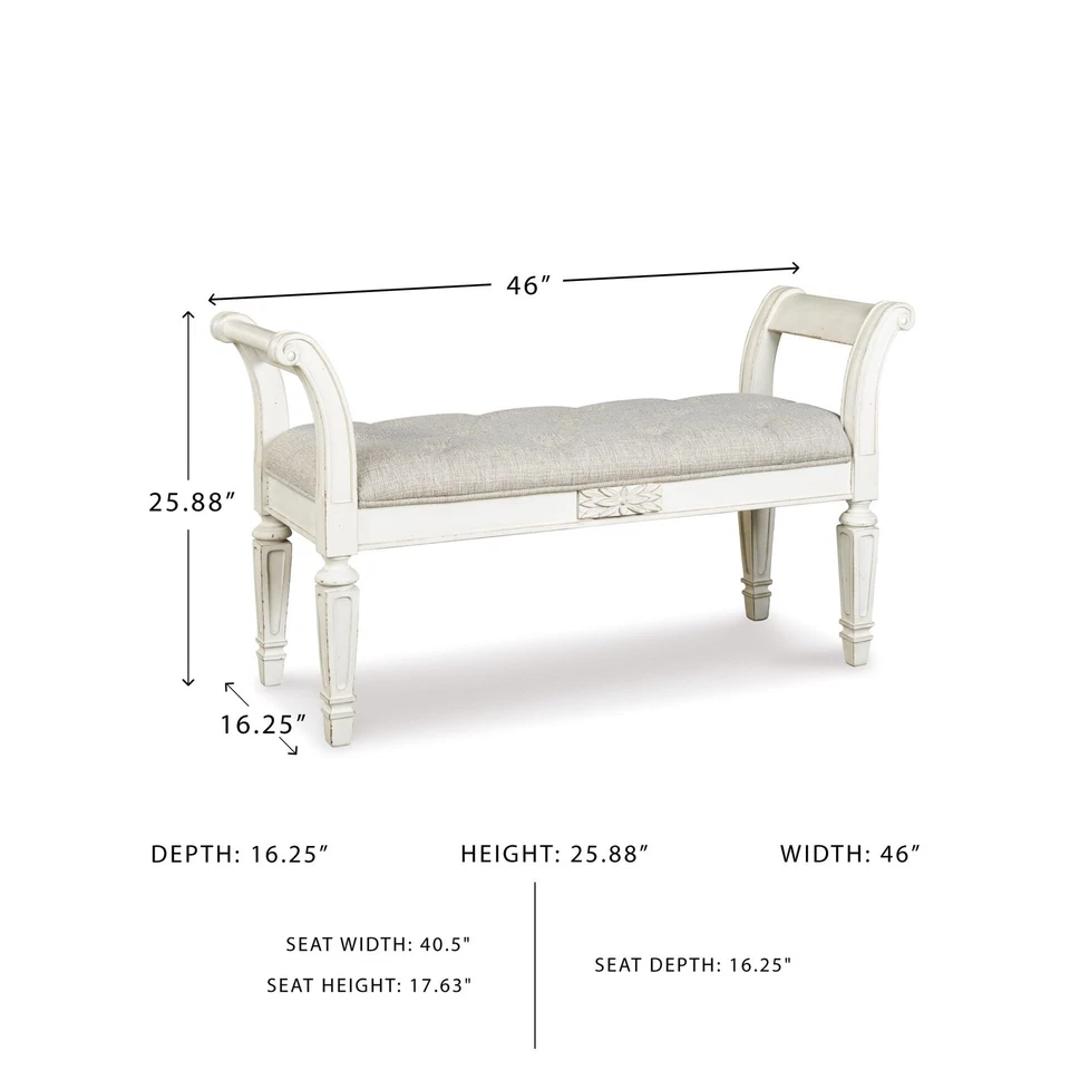 Realyn French Country Upholstered Tufted Accent Bench, Antique White - Image 3 of 4