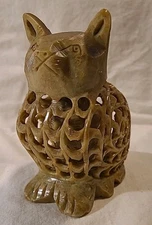 Hand Carved Stone Cat Feline Kitten Inside Undercut Reticulated Carving Stone 5"