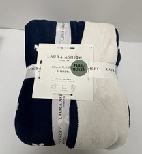 LAURA ASHLEY REVERSIBLE Navy Blue White Bow FULL/QUEEN Plush Blanket 90  x 90  