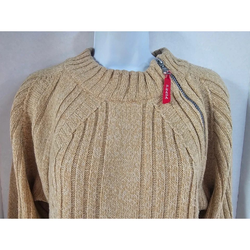 复古普拉达骆驼罗纹针织拉链领毛衣羊毛丙烯酸意大利制造 尺寸 M — 第 4/4 张图片