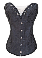 Corset Strapless Front Hook Lace-Up Back Boned Black Jacquard Metal Hardware XL