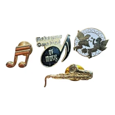 Lot of 4 Vintage Music Theme Lapel Pins Musical Note Saxophone Angels Quote