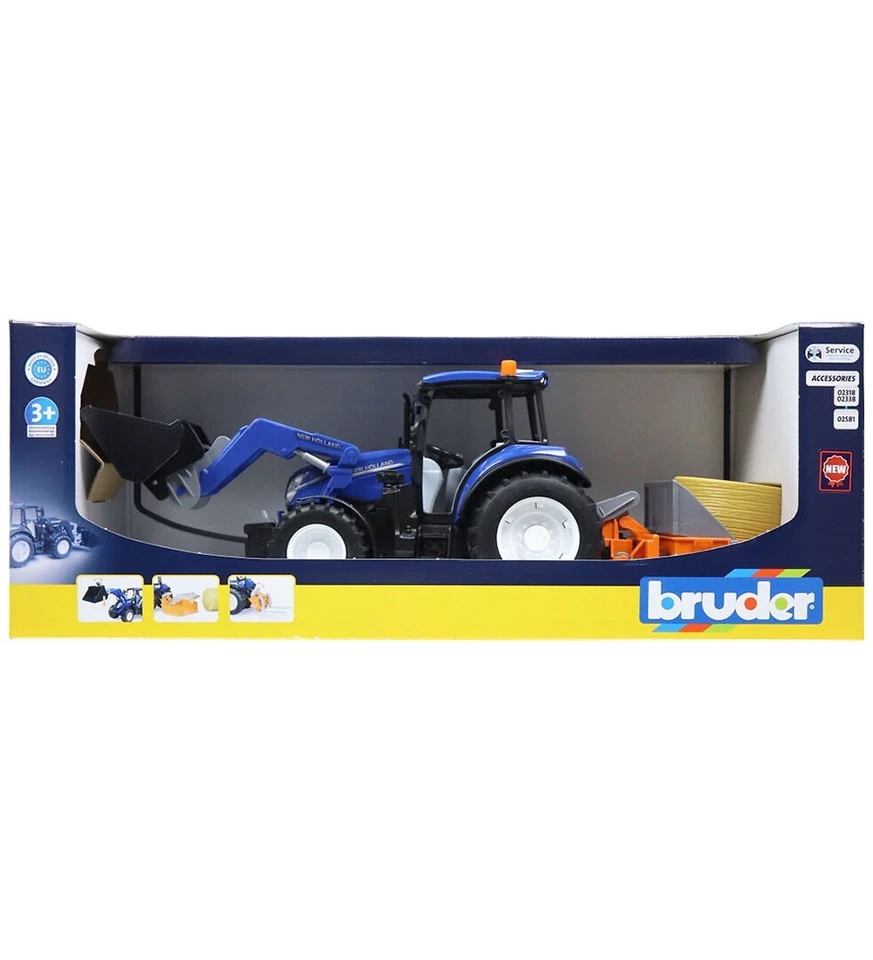 BRUDER 1:16 TRATTORE NEW HOLLAND T5.120 CON BENNA , FORCHE E CASSONE ART 02187 - Immagine 4 di 4