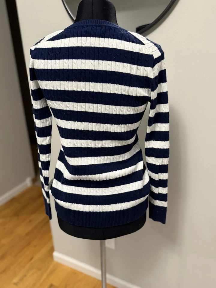 Suéter de algodón tejido con cable cuello polo de Estados Unidos talla S azul marino crema a rayas preppy Foto 2 de 4