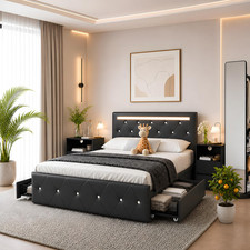4 PC Modern Bedroom Set Furniture Queen LED Bed 2 Nightstands 1 Dresser Mirror
