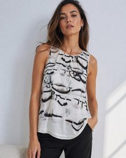 Halston Heritage Silk Abstract Print Sleeveless Blouse White Black Size 4