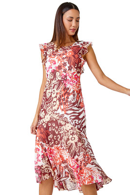 Floral Print Frill Detail Midi Dress For Women UK Ladies Roman Originals  UK