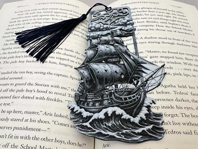 Black Ship Bookmark – Pirate Ship Stormy Seas Fantasy Nautical Gift