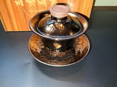 Gold Oil-Drop Glaze 3-Piece Gaiwan San Cai Jianzhan Signed Tong Xian Liang