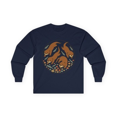 Swimming River Otter Fish art long sleeve tee | Woodland animal graphic