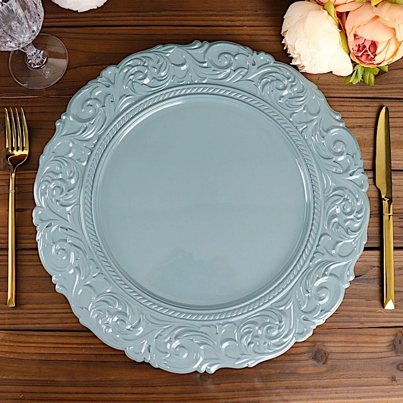 6 Placas Cargador Metálicas Barrocas Redondas AZUL POLVORIENTO 14" Boda Gris Claro Foto 3 de 4