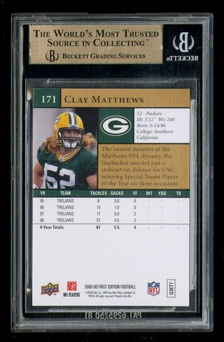 2009 UPPER DECK FIRST EDITION GOLD 171 CLAY MATTHEWS BGS 9.5 WITH 10 SUBGRADE RC - Picture 2 of 2