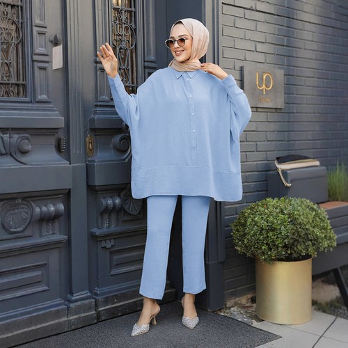 Soild Color Women Muslim Long Sleeve Blouse Top Wide Leg Pants Sets Islamic Suit - Picture 24 of 24