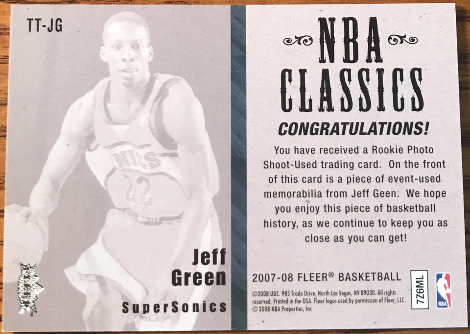 Camiseta Fleer 2007-08 Clásicos de la NBA Jeff Green TT-JG Seattle SuperSonics Foto 2 de 2
