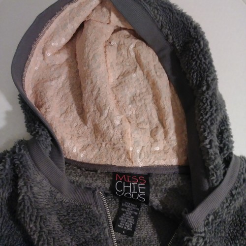 Miss Chievous Girls Kid Size Large Jacket Gray Sequenced Hood Fluffy Furry Zip  - Picture 4 of 5