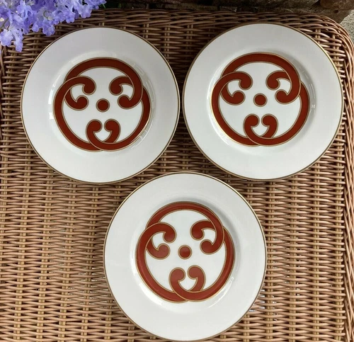 Fitz and Floyd CHARADE 3 Salad Plates Cinnabar on White 7.5" Vintage 1978