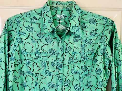 Camicia western donna Rock 47 Wrangler verde acqua gemma bottoni a pressione ricamo nero taglia L - Foto 4 di 10
