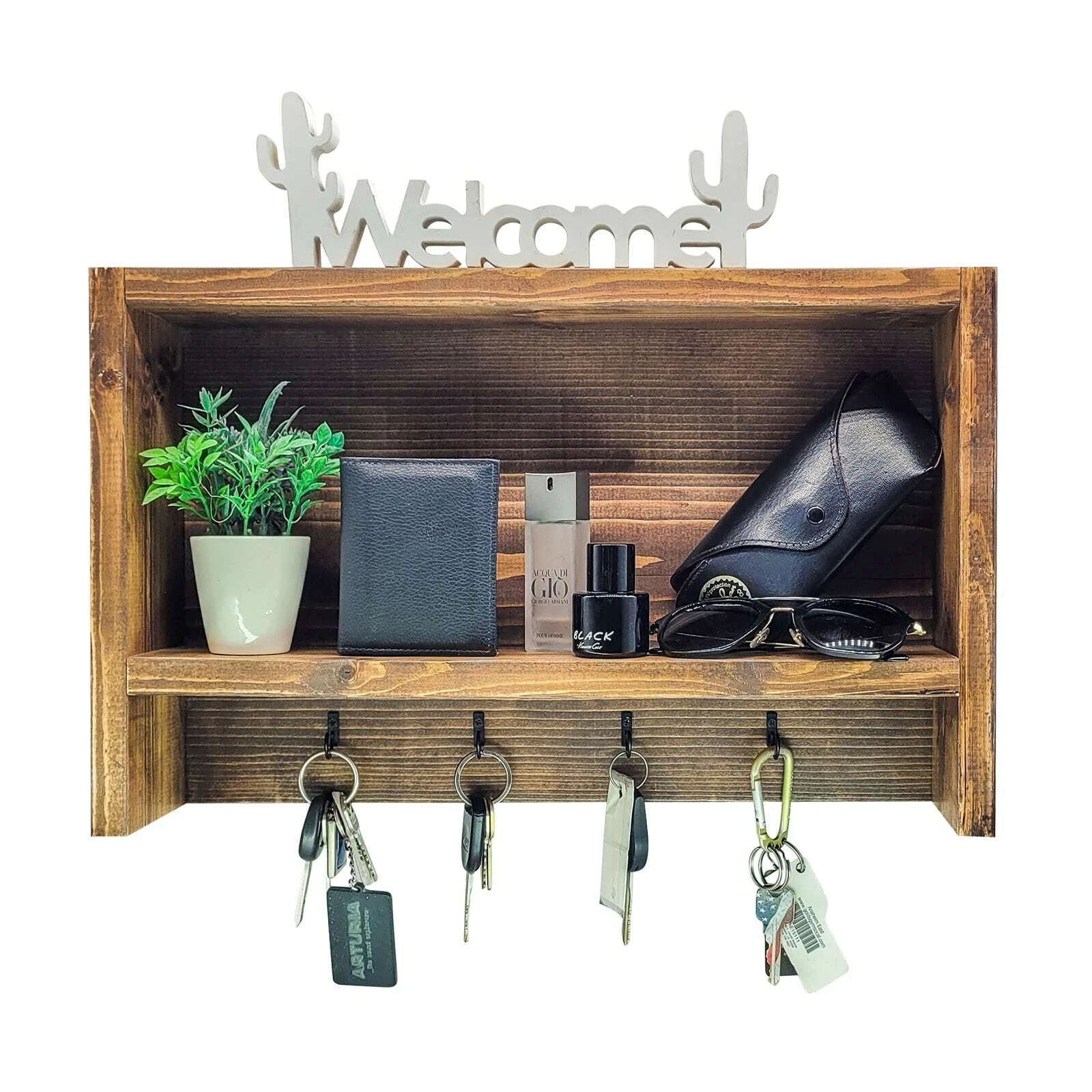 Rustic Farmhouse Handmade Modern Hardwood Wall Mounted Shelf Organizer W/ Hooks