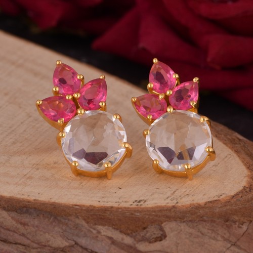 Beautiful Crystal Quartz Silver Stud Women Earrings Pink Corundum Earrings Gift - Picture 7 of 7