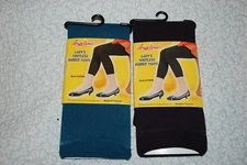 Womens FOOTLESS RIBBED TIGHTS 2 Pair Lot BLACK & TEAL GREEN One Size Fits Most