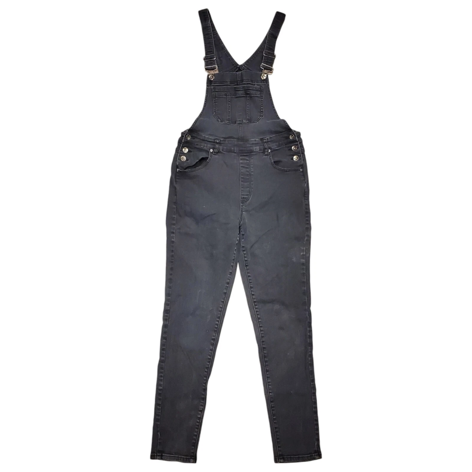 HOT TOPIC Overalls Womens Medium Black Denim Jeans Casual Pockets Buttons Grunge