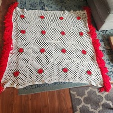 Handmade Crochet Afghan / Throw Blanket White And Red 3D Flowers, Strawberry