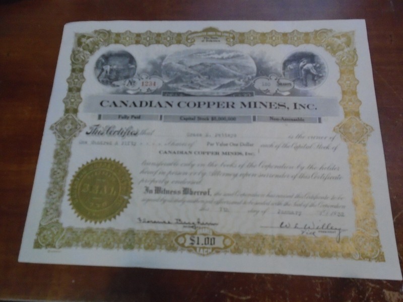 1932 Canadian Cooper Mines Inc Stock Certicate # 1234 for 150 shares