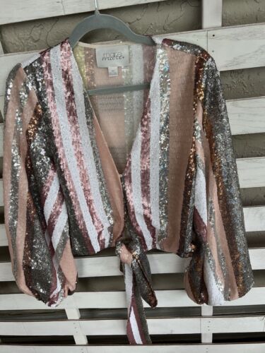 Anthropologie Mare Mare Sequin Top Shirt Pink Silver Size XS