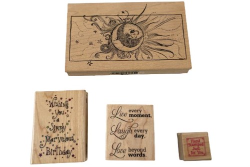Lot of 4 Wood Rubber Stamps Birthday Sun Moon Just For You Sentiments