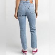 LEVI  S Wedgie Straight Leg Button Fly Denim Jeans Distressed Knees Size 26