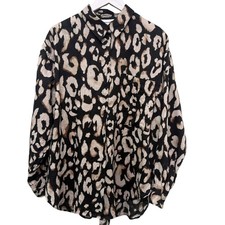 H&M Womens Linen Shirt Medium Black Leopard Button Up Oversized WomensTop