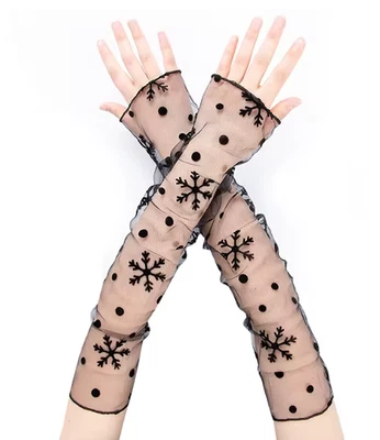 Envois 24/48h Mitaines Longues Noir – Gants Sans Doigts Motif Flocon & Pois - Photo 1/3