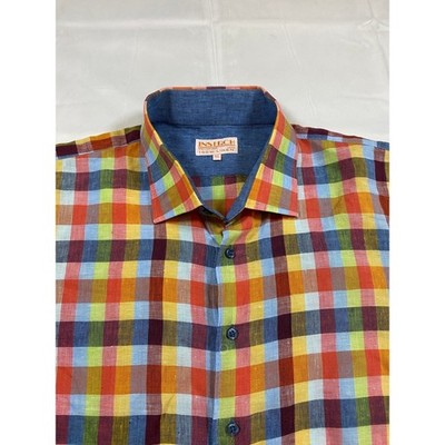 INSERCH 100% Linen Plaid Button Down Shirt Big Tall Size 4XL