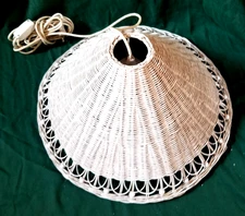 VTG White Woven Wicker Rattan Lampshade 20" x 9" Boho w Electric Cord Cone Shape