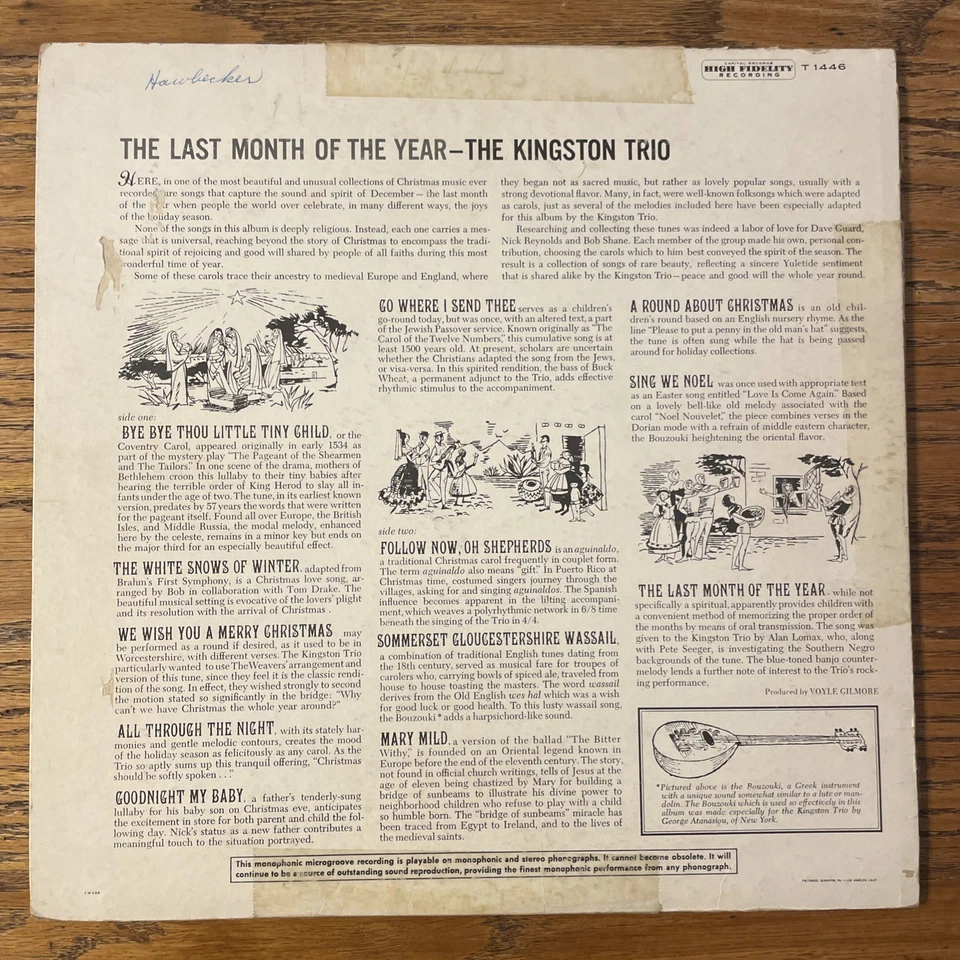 The Kingston Trio The Last Month Of The Year Christmas LP Capitol Mono GD+ - Imagem 4 de 4