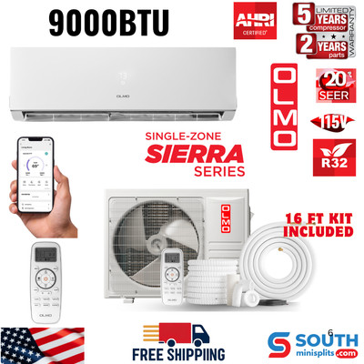 OLMO Sierra 9,000 BTU 115V 0.75 Ton Mini Split AC & Heat Pump 20 SEER 16ft Kit