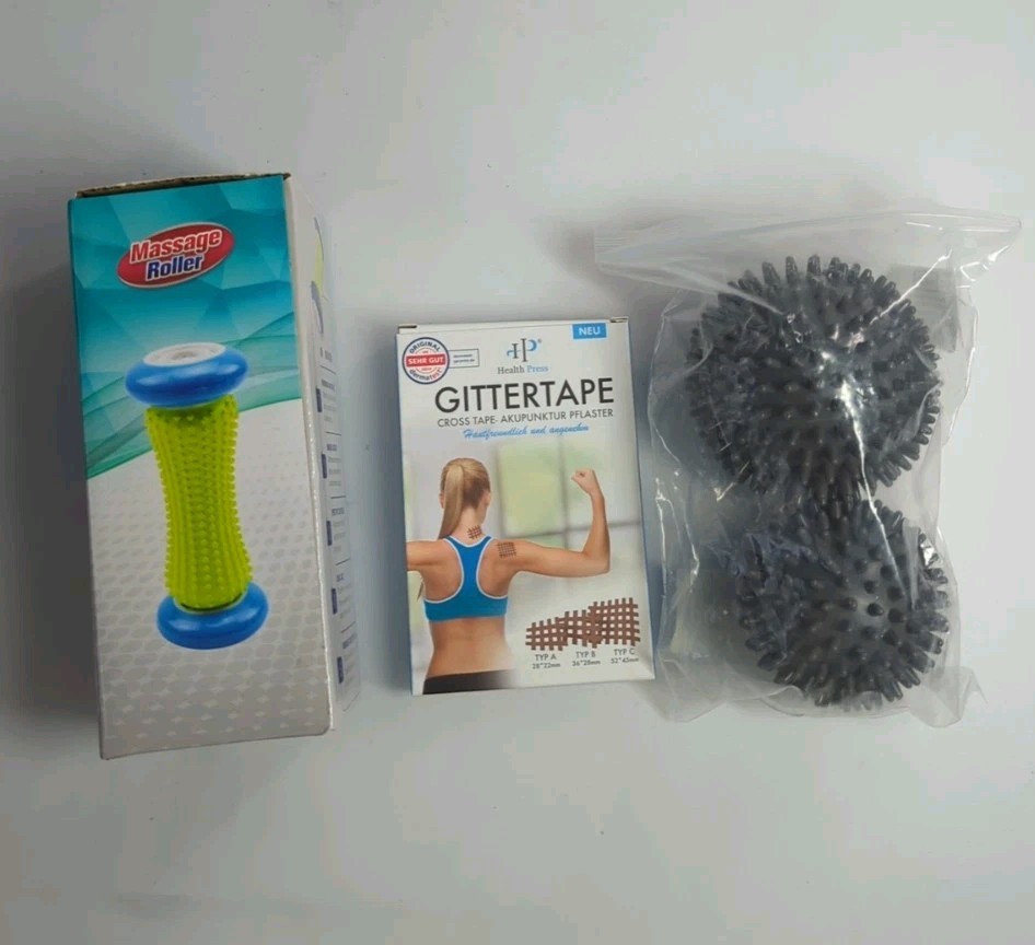 Massage-Set Fuss Massage Rolle Massagenrolle 2 x Igelball und Gittertape NEU!
