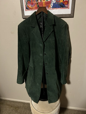Dennis Basso Women s XL Green Leather Button Front Lined Mid-Length Overcoat