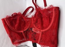 Victoria's Secret Corset Top Red Lace Bustier 34B Adjustable Strap Underwired