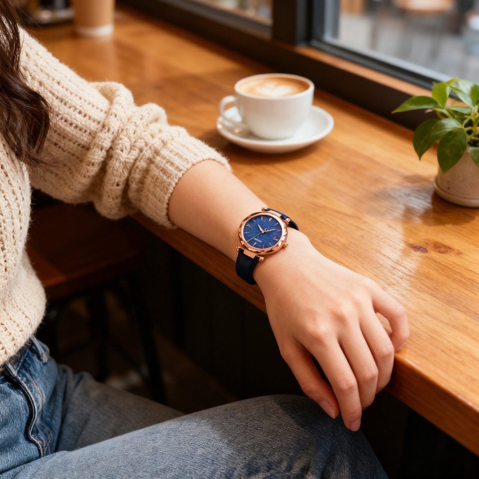 Elegant Women PU Leather Strap Quartz Watch Round Dial Alloy Wristwatch(Blu