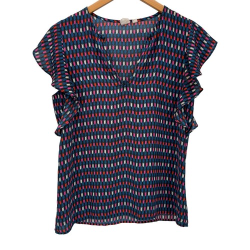 GAP Bluse Damen XS Pullover V-Ausschnitt Rüschen Flügelärmel blau rot rosa Shirt - Bild 1 von 7